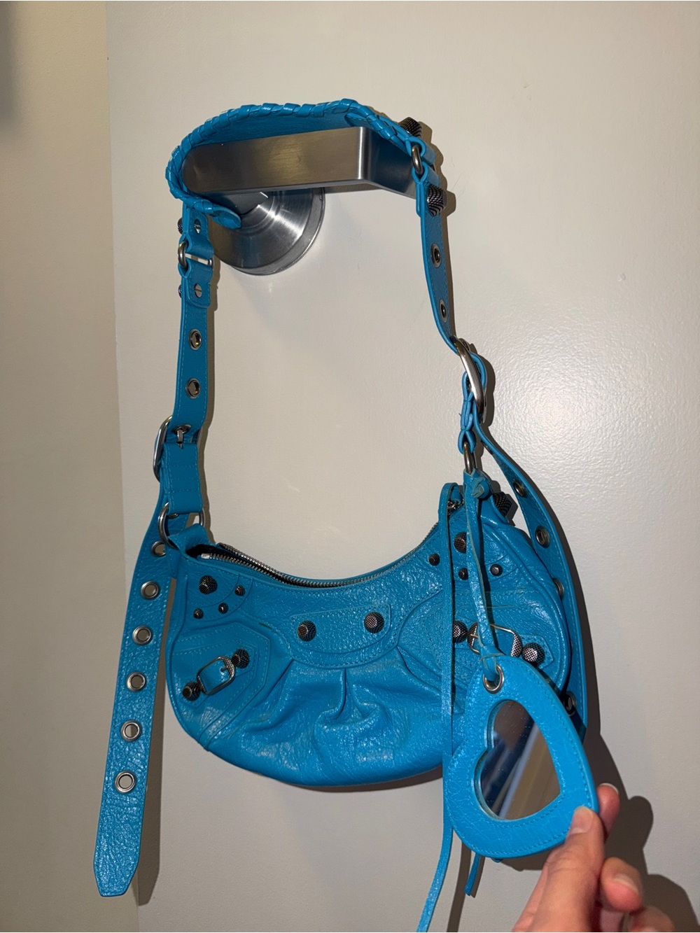 Balenciaga Turquoise Studded Leather Shoulder Bag with Mirror Charm